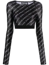 Versace Jeans Couture Long Sleeve Logo-print Crop Top In Black