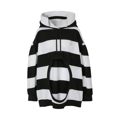 Burberry Cut-out Detail Striped Cotton Hoodie In Black