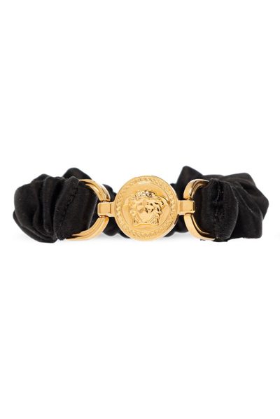 Versace Logo Plaque Satin Scrunchie In Black