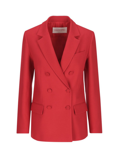 Valentino Wool-silk Double-breasted Blazer In Red