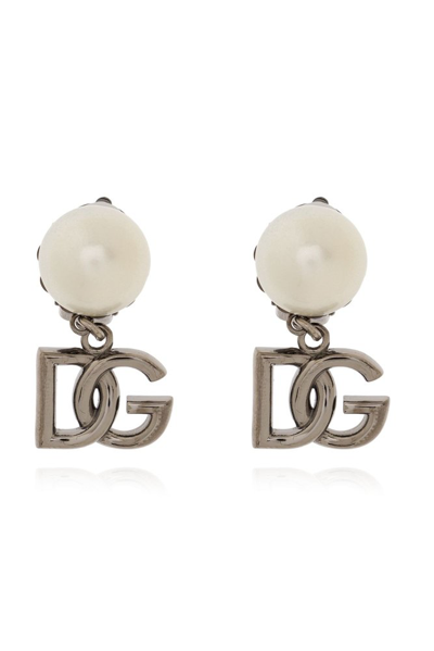Dolce & Gabbana Logo Plaque Clip On Earrings In Silver
