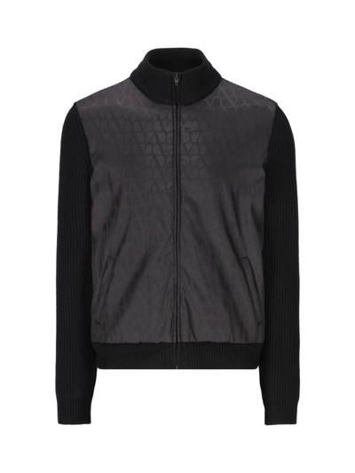 Valentino Wool Knit Jacket With Toile Iconographe Nylon Jacquard Front Panel In Black