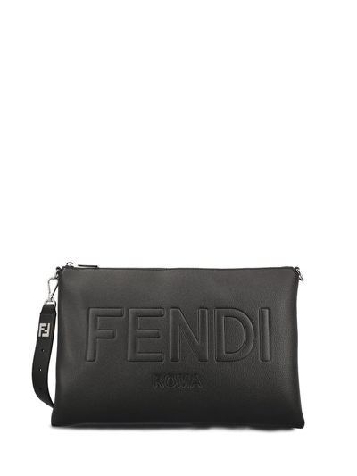 Fendi Logo Embossed Clutch Bag In Black