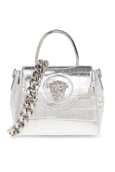 Versace La Medusa Small Top Handle Bag In Silver