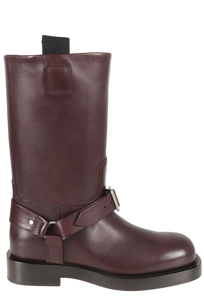 Burberry Saddle Leather Ankle Boots In Aubergine