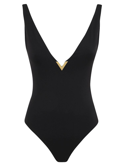 Valentino Logo-plaque V-neck Swimsuit In Black