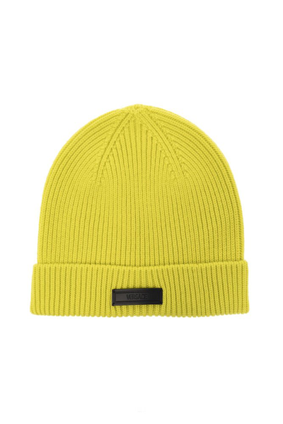Versace Logo Patch Knitted Beanie In Yellow