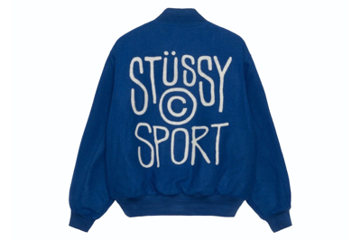 Pre-owned Stussy Sport Melton Varsity Jacket Royal