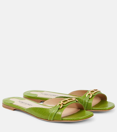 Tom Ford Whitney Snake-effect Leather Slides In Green