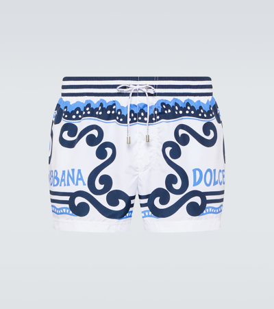 Dolce & Gabbana Printed Swim Trunks In Blue