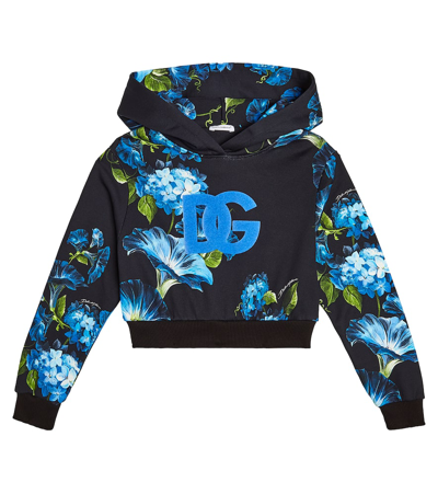 Dolce & Gabbana Kids' Dg Floral Cotton Jersey Hoodie In Blue