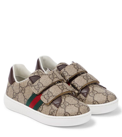 Gucci Kids' Ace Gg Canvas Sneakers In Beige Ebony Cocoa