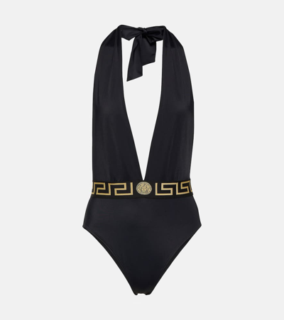 Versace Greca Halterneck Swimsuit In Black