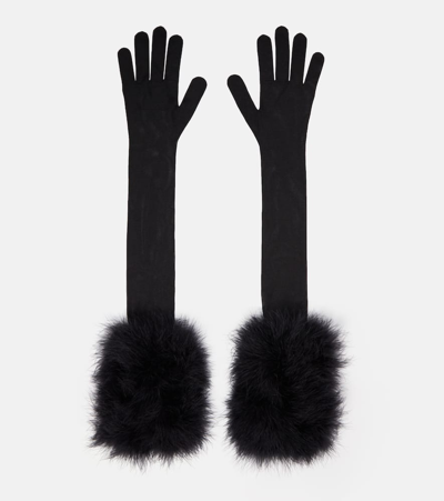 Saint Laurent Feather-trimmed Semi-sheer Gloves In Black