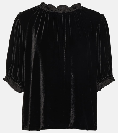 Velvet Frill-trimmed  Top In Black