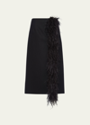 Prada Feather-trimmed Wool Midi-skirt In F0002 Nero