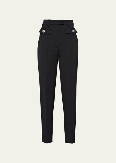 PRADA CROPPED WOOL CIGARETTE PANTS WITH CRYSTAL BUTTONS