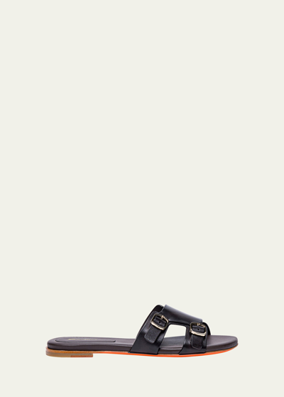 Santoni Foresaw Leather Double Monk Slide Sandals In Dark Brown