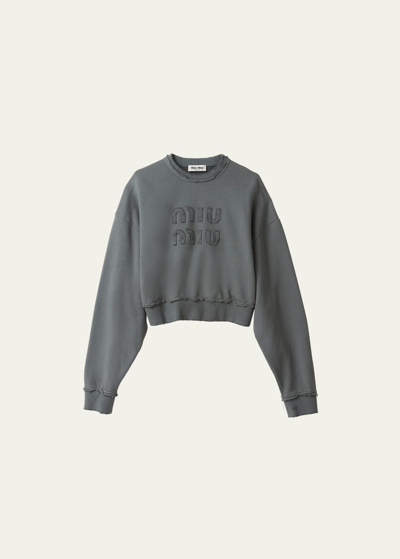 Miu Miu Raw Edge Logo-embroidered Cotton Sweatshirt In Iron Gray