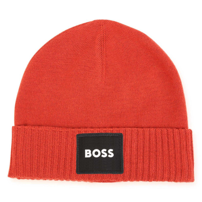 Hugo Boss Kids Logo Patch Knitted Beanie In Orange