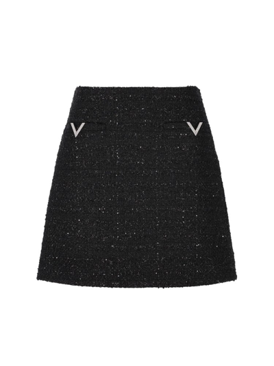 Valentino Garavani Tweed Logo Plaque Mini Skirt In Black