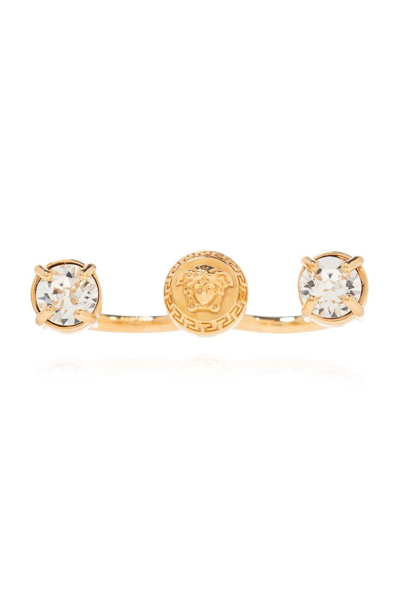 Versace Embellished Double Ring In Gold