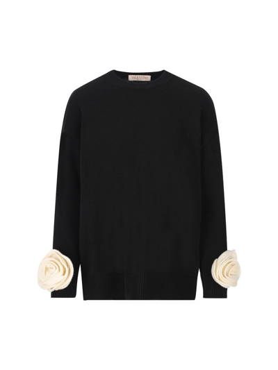 Valentino Garavani Floral Detailed Crewneck Jumper In Black