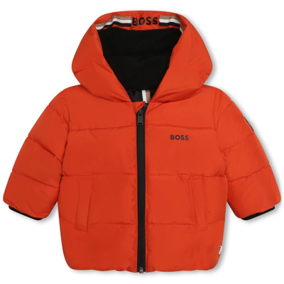 Hugo Boss Kids Logo Printed Hooded Puffer Jacket In Orange
