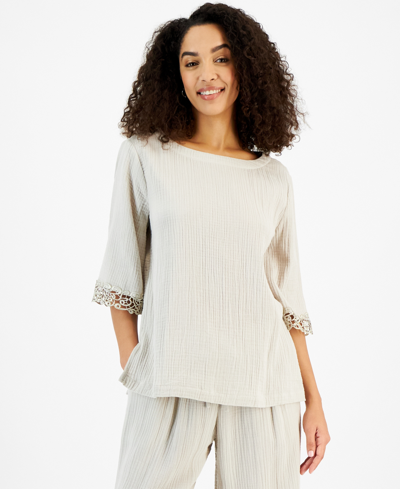 Jm Collection Women's Boat-neck 3/4-sleeve Gauze Top, Created For Macy's In Stone Wall