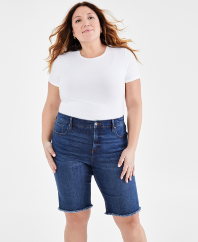 Style & Co Plus Size Denim Raw-edge Bermuda Shorts, Created For Macy's In Blue Lapis
