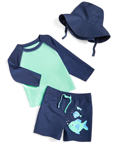 First Impressions Baby Boys Fish Rashguard, Swim Shorts And Hat, 3 Piece Set, Created For Macy's In Navy Sea
