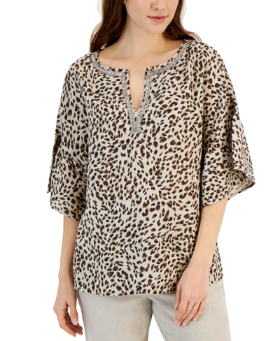 Charter Club Women's 100% Linen Animal-print Tie-cuff Top, Created For Macy's In Flax Combo