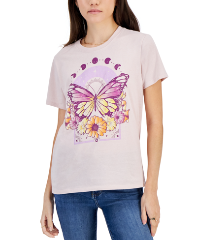 Rebellious One Juniors' Butterfly Floral Crewneck Graphic T-shirt In Hushed Violet