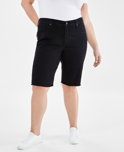 Style & Co Plus Size Denim Raw-edge Bermuda Shorts, Created For Macy's In Deep Black