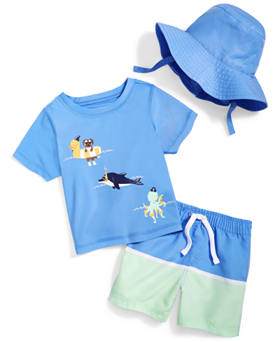 First Impressions Baby Boys Floatie Friends Swim Shirt, Shorts And Hat, 3 Piece Set, Created For Macy's In Iris Mist