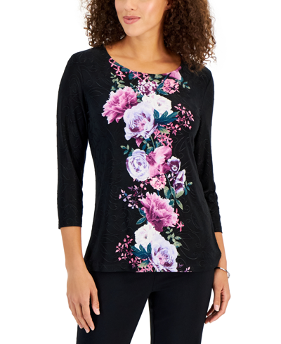 Jm Collection Women's Printed 3/4 Sleeve Jacquard Top, Created For Macy's In Deep Black Combo