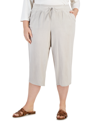 Jm Collection Plus Size Gauze Cropped Pants, Created For Macy's In Stone Wall