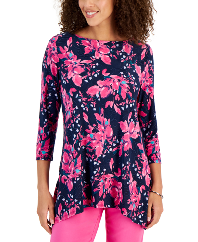 Jm Collection Women's 3/4 Sleeve Printed Jacquard Top, Created For Macy's In Intrepid Blue Combo