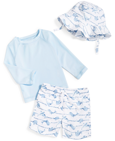 First Impressions Baby Boys Whales Rashguard, Swim Shorts And Hat, 3 Piece Set, Created For Macy's In Bright White
