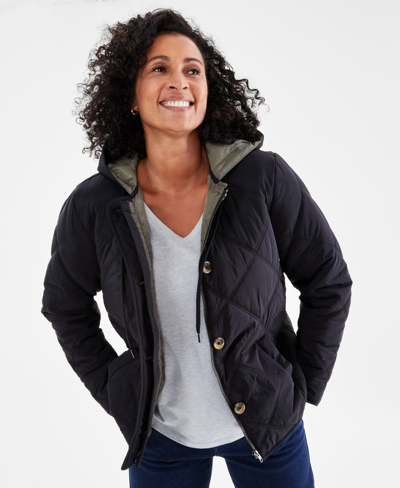 Style & Co Petite Long Sleeve Hooded Quilted Jacket, Created For Macy's In Deep Black