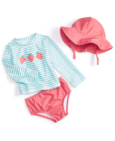 First Impressions Baby Girls Strawberry Swim Shirt, Shorts And Hat, 3 Piece Set, Created For Macy's In Porcelain Green