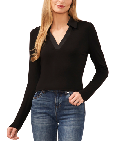 Cece Women's Woven-collar Knit Long-sleeve Top In Rich Black