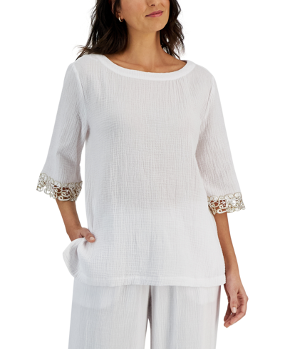 Jm Collection Women's Boat-neck 3/4-sleeve Gauze Top, Created For Macy's In Bright White