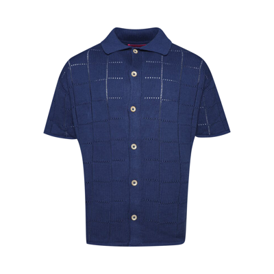 Pre-owned The Elder Statesman Grid Pointelle Shirt Short-sleeve 'blue Jay'