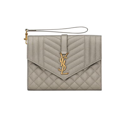 Pre-owned Saint Laurent Cassandre Quilted Leather Clutch 'brun Metallise' In Grey