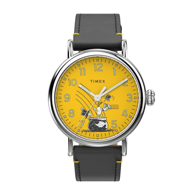Pre-owned Timex Standard X Peanuts Yellow Dial Black Leather Strap Men Watch Tw2v60400