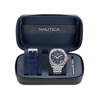 Pre-owned Nautica Mens Wristwatch + Watchband  Tin Can Bay Naptcf212 Chrono Steel Blue