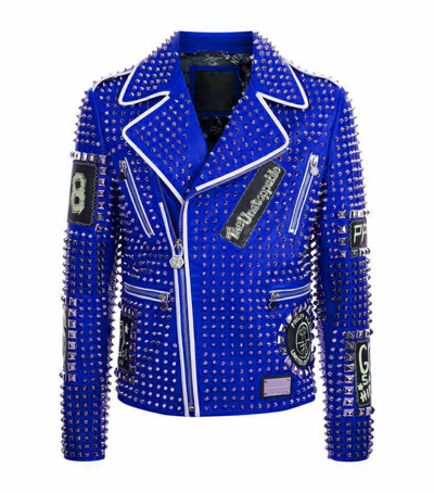 Pre-owned Handmade Philipp Plein Full Blue Studded Embroidery Patches Leather Jacket Mens