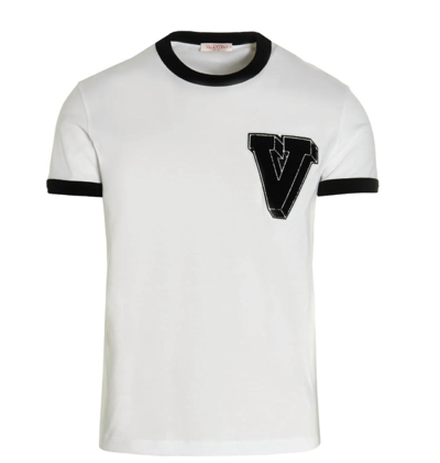 Pre-owned Valentino Garavani V Logo Trim Short Sleeve Crew Neck T-shirt For Men In White
