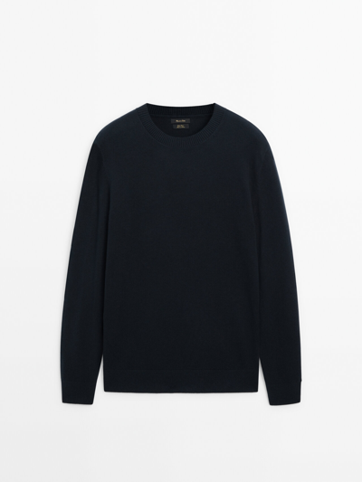 Massimo Dutti Wool Blend Knit Sweater With Crew Neck In Marineblau